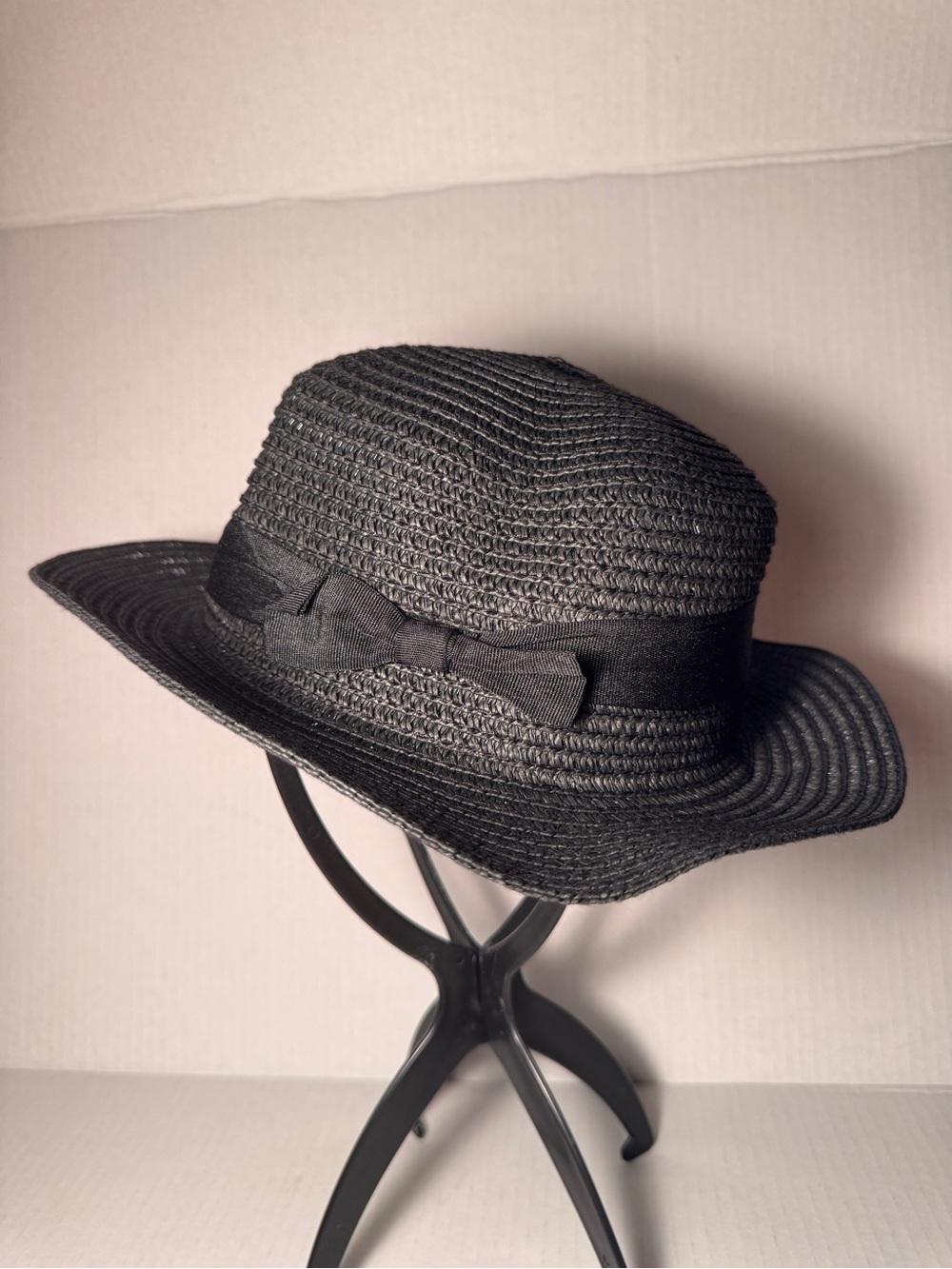 Black Foldable Woven Hat 2" Brim Bow Packable Sun Hat Costume